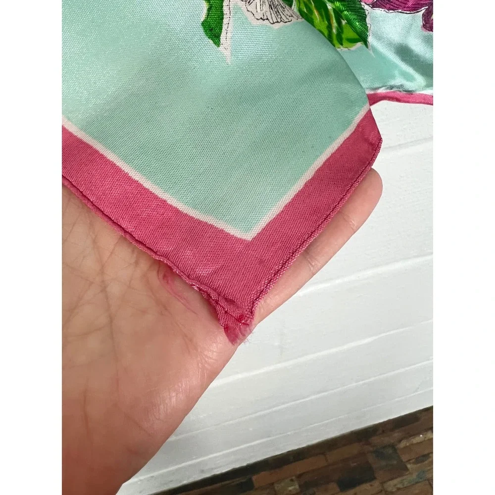 Vintage Brico Rayon Square Scarf Aqua Blue Pink Yellow Floral Rose Print 31x34